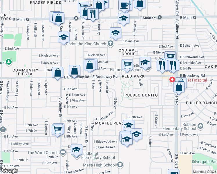 map of restaurants, bars, coffee shops, grocery stores, and more near 456 South Daley Drive in Mesa
