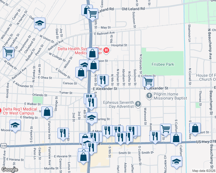 map of restaurants, bars, coffee shops, grocery stores, and more near 1400-1498 East Alexander Street in Greenville