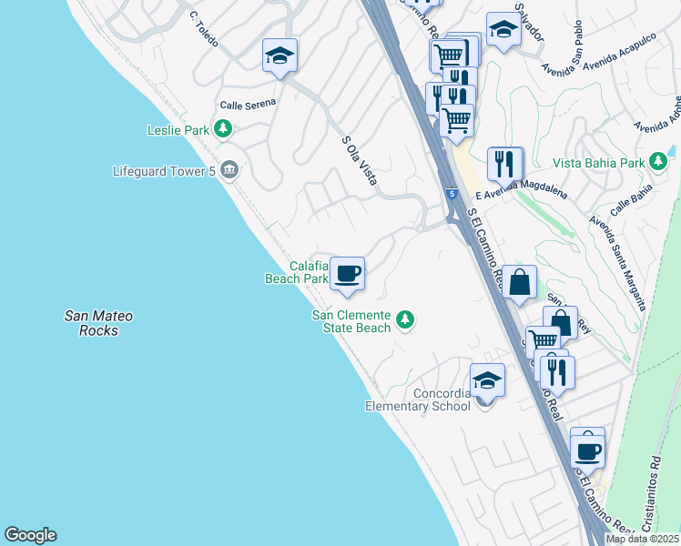map of restaurants, bars, coffee shops, grocery stores, and more near 250 Avenida Lobeiro in San Clemente