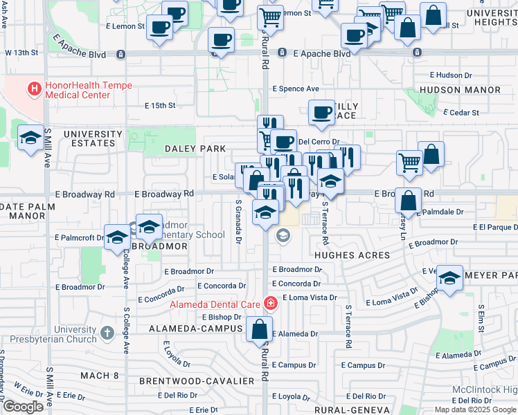 map of restaurants, bars, coffee shops, grocery stores, and more near 2014 South Rural Road in Tempe