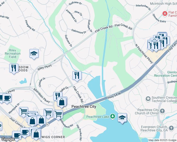 map of restaurants, bars, coffee shops, grocery stores, and more near 3 Northlake Drive in Peachtree City