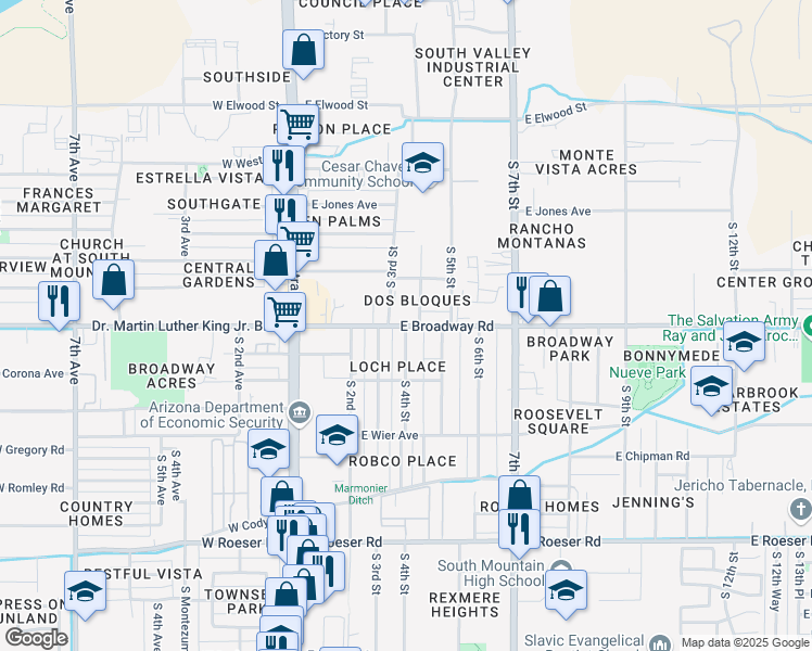 map of restaurants, bars, coffee shops, grocery stores, and more near E Broadway Rd & S 4th St in Phoenix