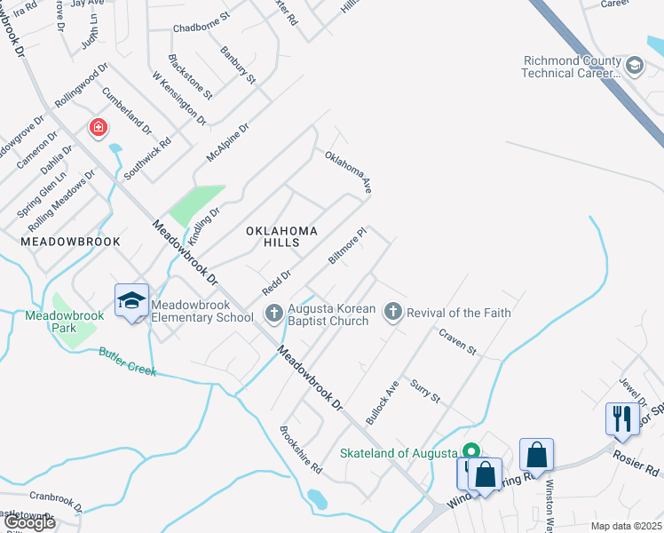 map of restaurants, bars, coffee shops, grocery stores, and more near 3520 Biltmore Place in Augusta