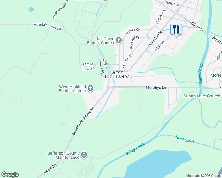 map of restaurants, bars, coffee shops, grocery stores, and more near 101 Murphys Lane in Bessemer