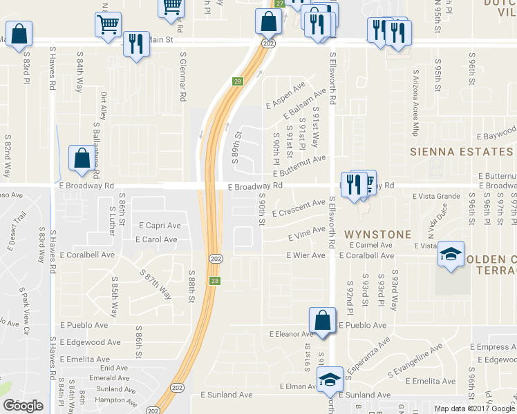 map of restaurants, bars, coffee shops, grocery stores, and more near 441 South 89th Way in Mesa