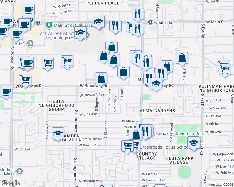 map of restaurants, bars, coffee shops, grocery stores, and more near 441 South Stewart in Mesa