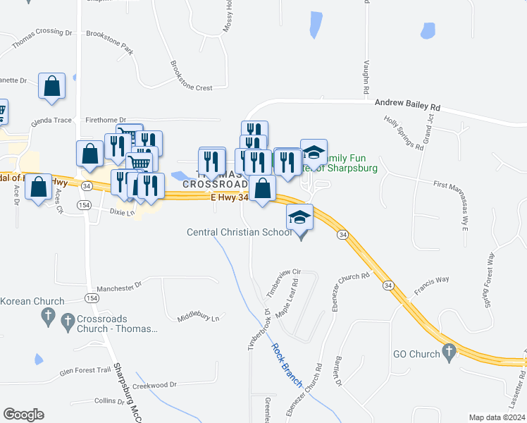 map of restaurants, bars, coffee shops, grocery stores, and more near 3441 Georgia 34 in Sharpsburg