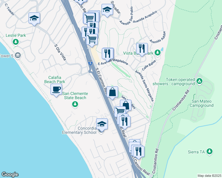 map of restaurants, bars, coffee shops, grocery stores, and more near in San Clemente