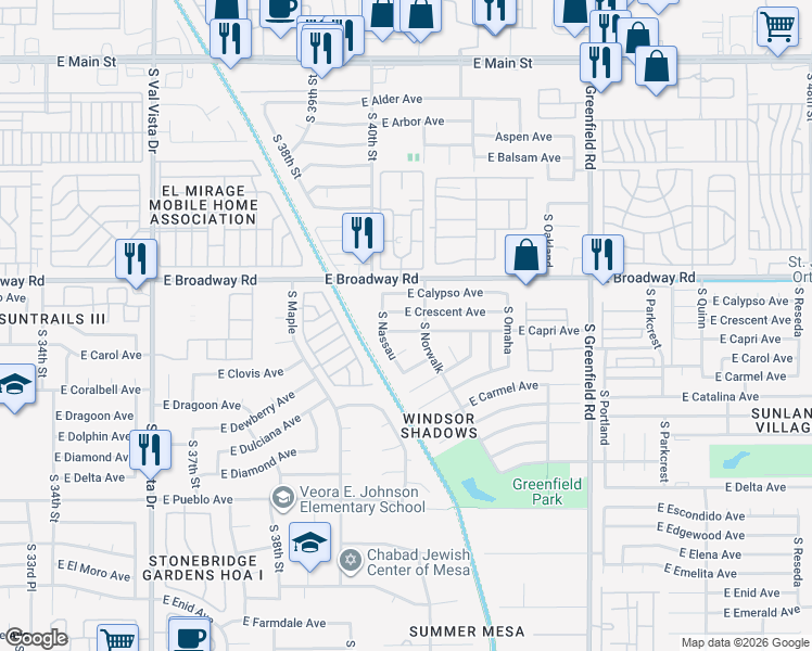 map of restaurants, bars, coffee shops, grocery stores, and more near 4031 East Capri Avenue in Mesa