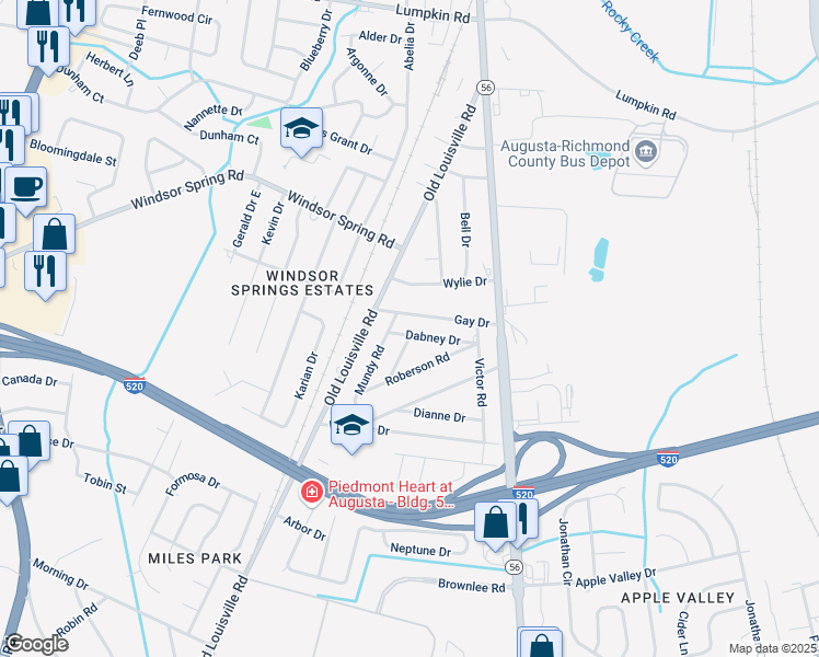 map of restaurants, bars, coffee shops, grocery stores, and more near 1925 Dabney Drive in Augusta