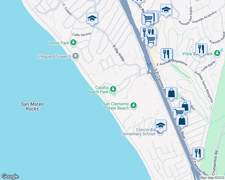 map of restaurants, bars, coffee shops, grocery stores, and more near 250 Avenida Lobeiro in San Clemente
