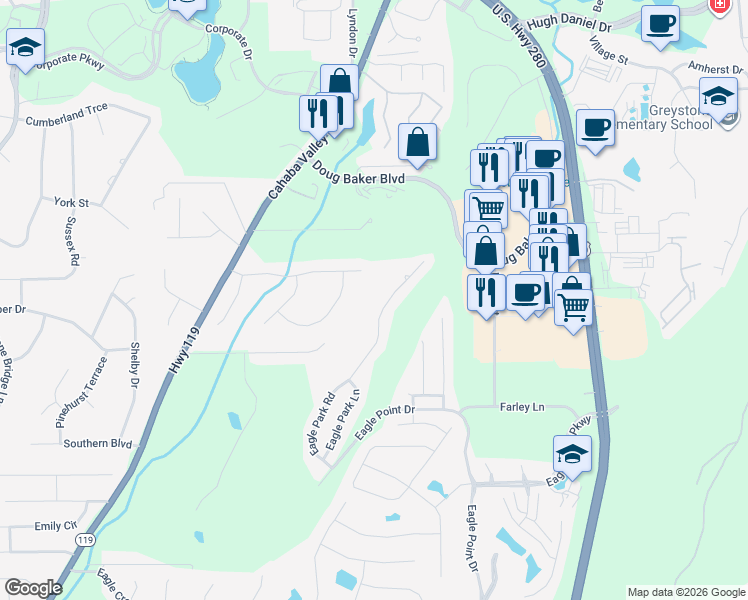 map of restaurants, bars, coffee shops, grocery stores, and more near 1266 Eagle Park Road in Birmingham