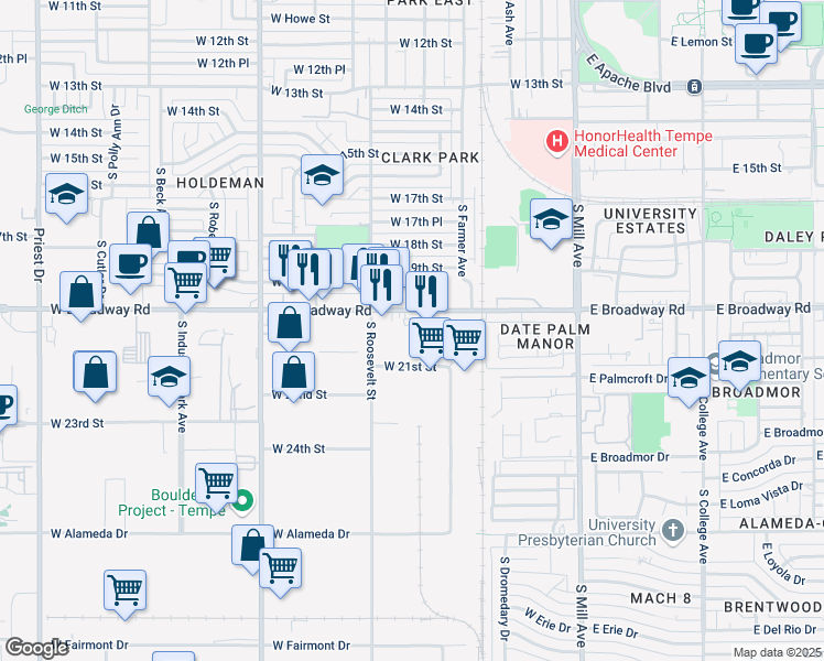 map of restaurants, bars, coffee shops, grocery stores, and more near 507 West Broadway Road in Tempe