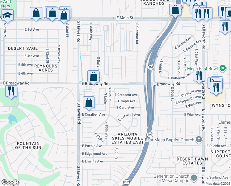 map of restaurants, bars, coffee shops, grocery stores, and more near 8616 East Crescent Avenue in Mesa