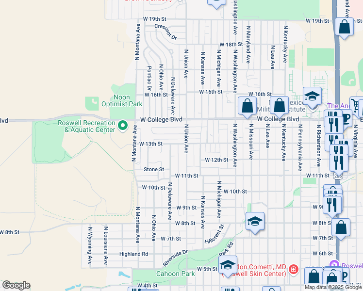 map of restaurants, bars, coffee shops, grocery stores, and more near 1206 North Union Avenue in Roswell