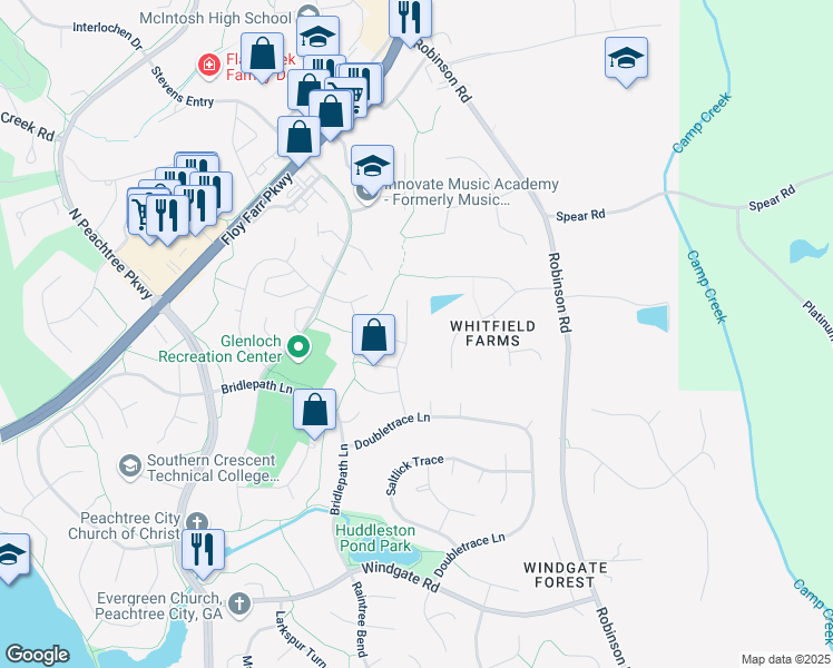 map of restaurants, bars, coffee shops, grocery stores, and more near 404 Journeys End in Peachtree City