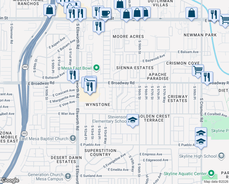 map of restaurants, bars, coffee shops, grocery stores, and more near 9501 East Broadway Road in Mesa