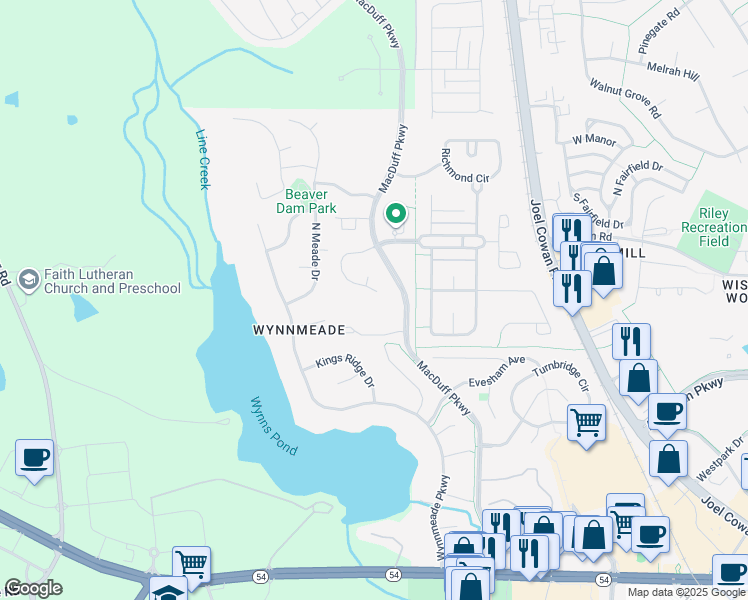 map of restaurants, bars, coffee shops, grocery stores, and more near 126 Century Park Place in Peachtree City