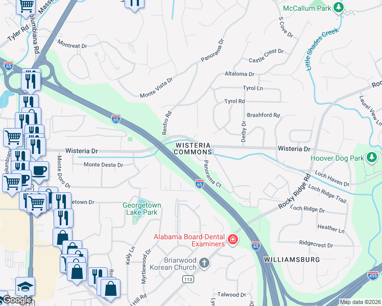 map of restaurants, bars, coffee shops, grocery stores, and more near 3436 Wisterwood Lane in Birmingham