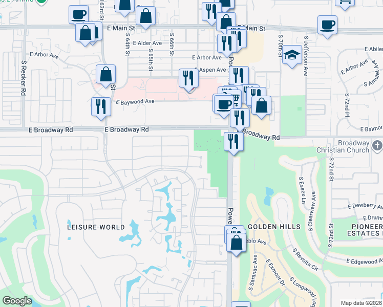 map of restaurants, bars, coffee shops, grocery stores, and more near 955 Leisure World in Mesa