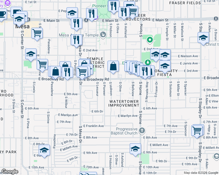 map of restaurants, bars, coffee shops, grocery stores, and more near 452 South Hobson in Mesa