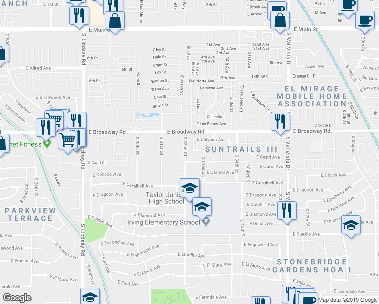 map of restaurants, bars, coffee shops, grocery stores, and more near 450 South 32nd Place in Mesa