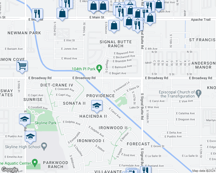 map of restaurants, bars, coffee shops, grocery stores, and more near 428 South Sabrina in Mesa