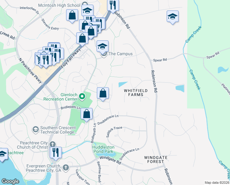 map of restaurants, bars, coffee shops, grocery stores, and more near 303 Journeys End in Peachtree City