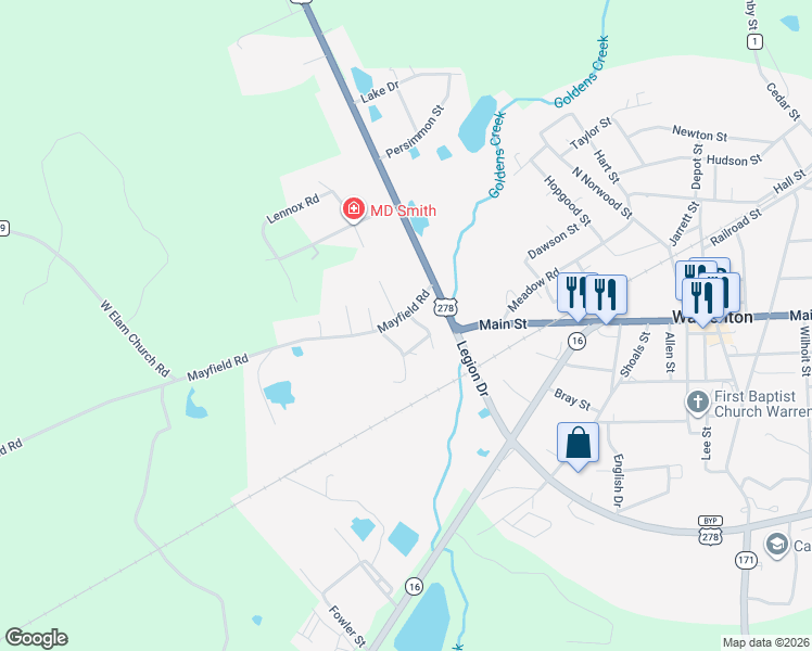 map of restaurants, bars, coffee shops, grocery stores, and more near 63 Austin Road in Warrenton