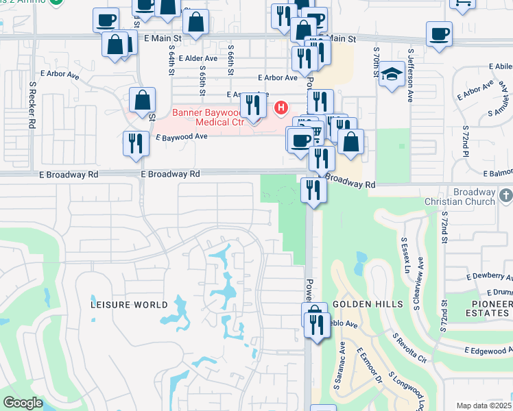 map of restaurants, bars, coffee shops, grocery stores, and more near 955 Leisure World in Mesa