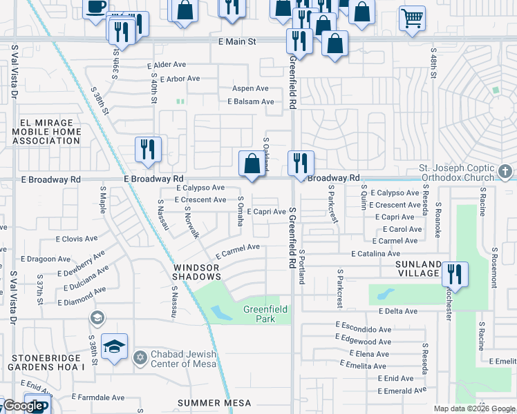 map of restaurants, bars, coffee shops, grocery stores, and more near 4328 South Sunland Villas 3 in Mesa