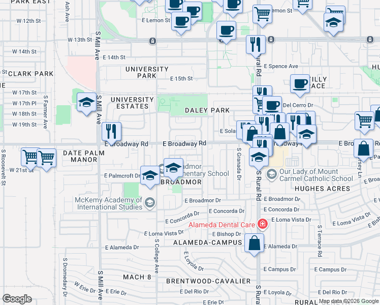 map of restaurants, bars, coffee shops, grocery stores, and more near 337 East El Parque Drive in Tempe