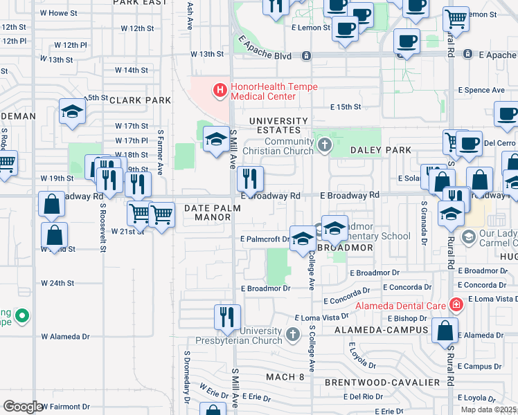 map of restaurants, bars, coffee shops, grocery stores, and more near 121 East Broadway Road in Tempe