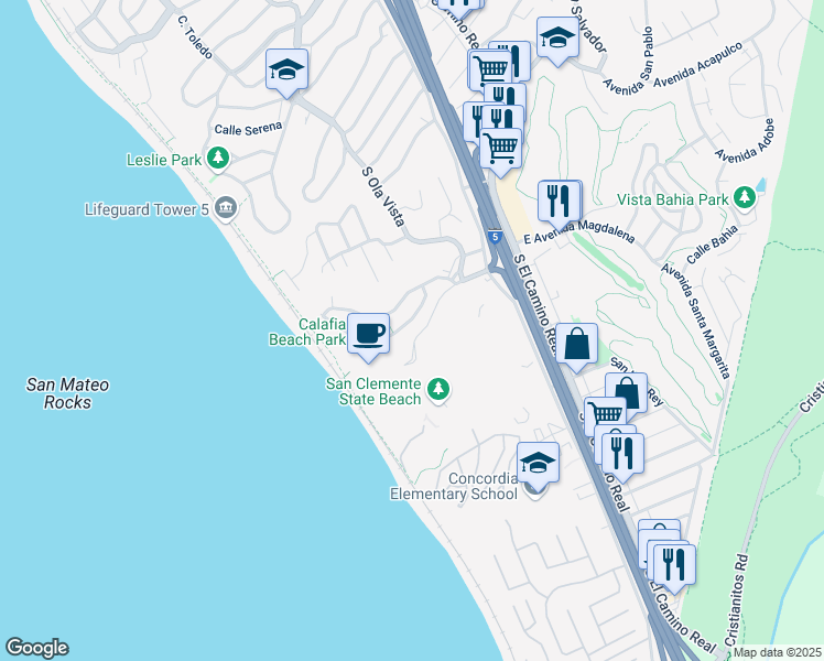 map of restaurants, bars, coffee shops, grocery stores, and more near 233 Avenida Lobeiro in San Clemente