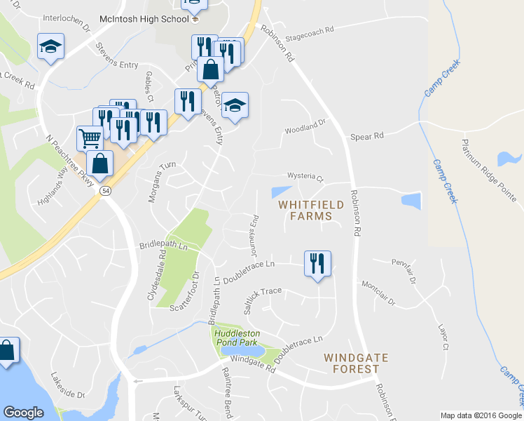 map of restaurants, bars, coffee shops, grocery stores, and more near 404 Journeys End in Peachtree City