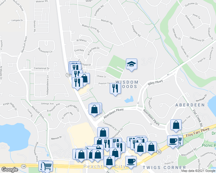 map of restaurants, bars, coffee shops, grocery stores, and more near 220 Preston Circle in Peachtree City