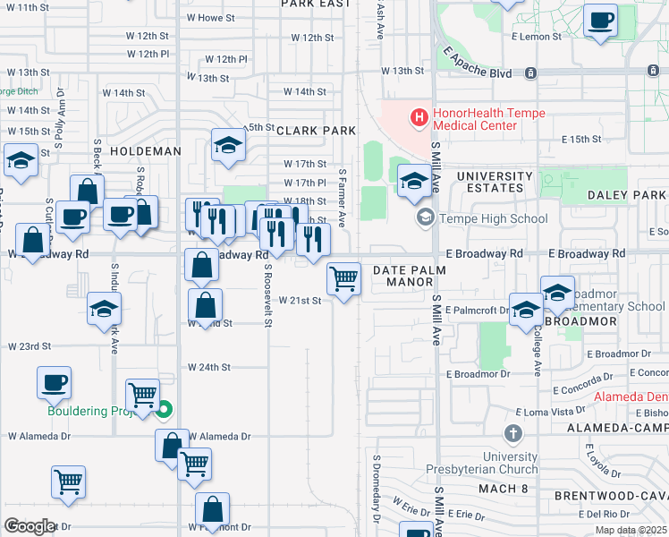 map of restaurants, bars, coffee shops, grocery stores, and more near 433 West Broadway Road in Tempe