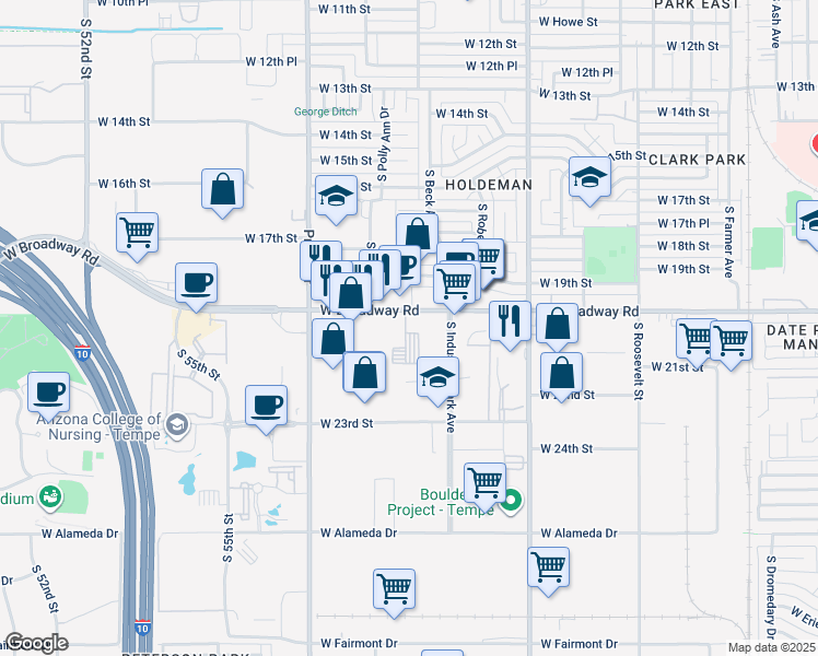 map of restaurants, bars, coffee shops, grocery stores, and more near 1135 West Broadway Road in Tempe