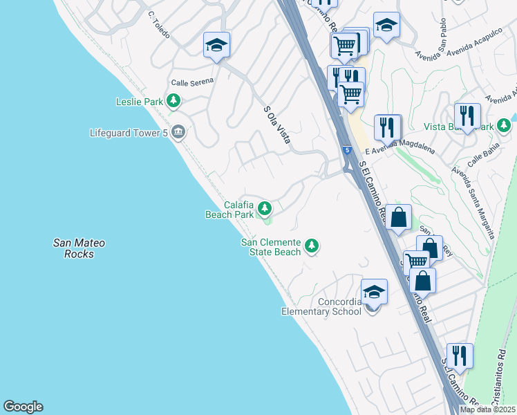 map of restaurants, bars, coffee shops, grocery stores, and more near 252 Avenida Lobeiro in San Clemente