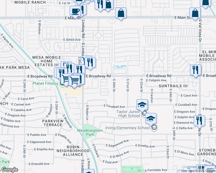 map of restaurants, bars, coffee shops, grocery stores, and more near 2929 East Broadway Road in Mesa
