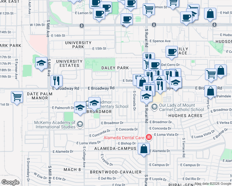 map of restaurants, bars, coffee shops, grocery stores, and more near 2017 South Ventura Drive in Tempe