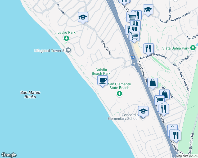 map of restaurants, bars, coffee shops, grocery stores, and more near 252 Avenida Lobeiro in San Clemente