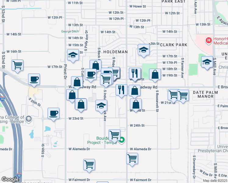 map of restaurants, bars, coffee shops, grocery stores, and more near 939 West Broadway Road in Tempe
