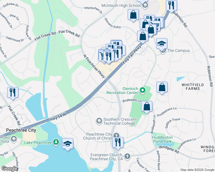 map of restaurants, bars, coffee shops, grocery stores, and more near 138 South Peachtree Parkway in Peachtree City