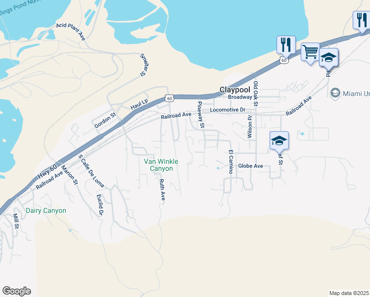 map of restaurants, bars, coffee shops, grocery stores, and more near 5888 Long Street in Claypool