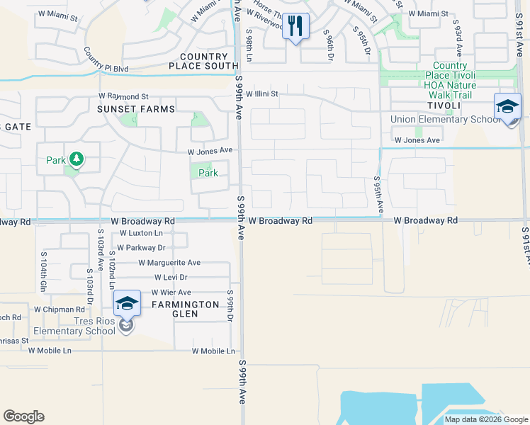 map of restaurants, bars, coffee shops, grocery stores, and more near 9825 West Trumbull Road in Phoenix