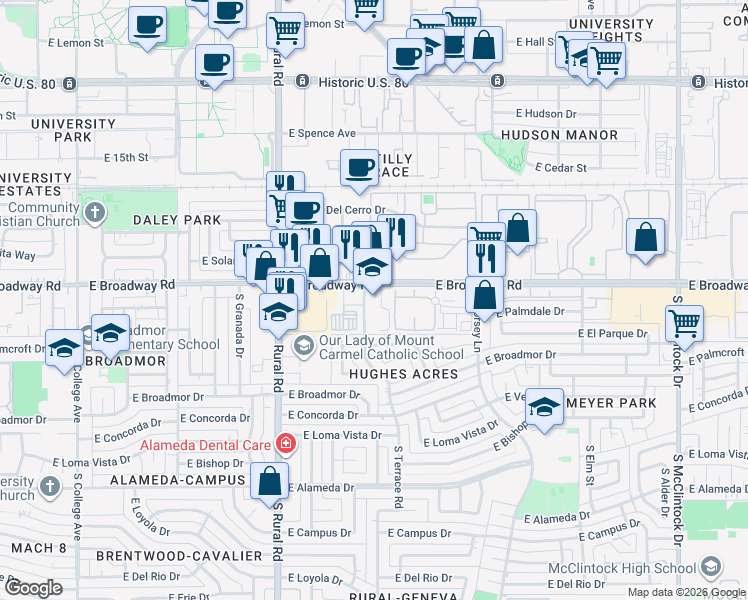 map of restaurants, bars, coffee shops, grocery stores, and more near 1105 East Broadway Road in Tempe