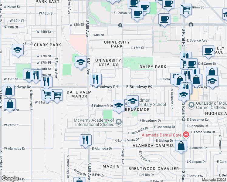 map of restaurants, bars, coffee shops, grocery stores, and more near 2021 South Forest Avenue in Tempe