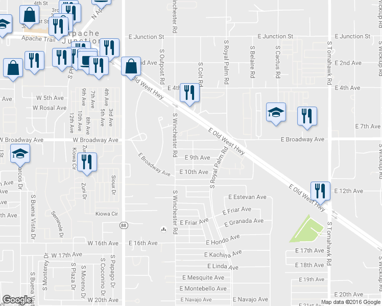 map of restaurants, bars, coffee shops, grocery stores, and more near 559 East 9th Avenue in Apache Junction