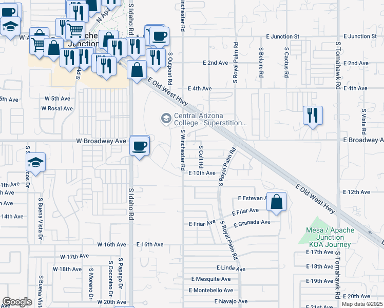 map of restaurants, bars, coffee shops, grocery stores, and more near 425 East 9th Avenue in Apache Junction